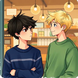 A scene of a café from the outside, showcasing two young boys prominently in the foreground