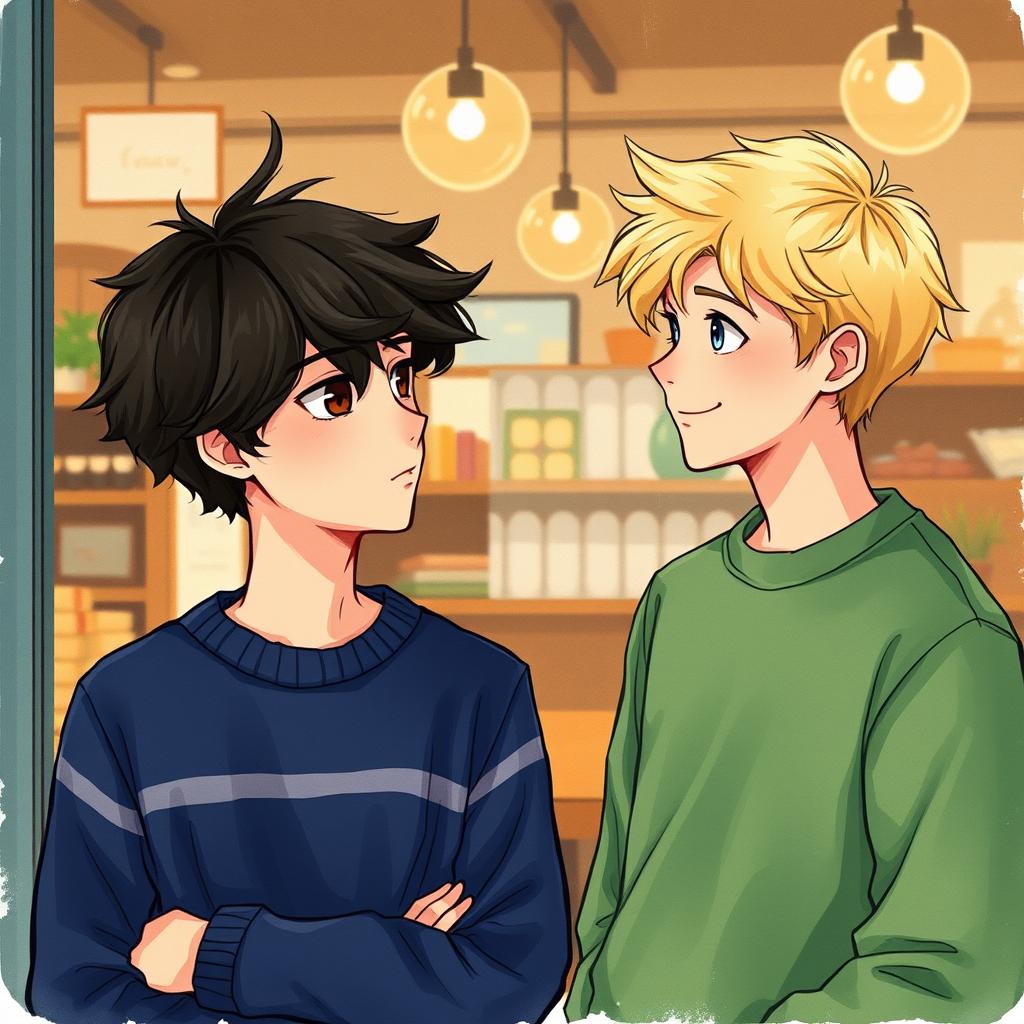 A scene of a café from the outside, showcasing two young boys prominently in the foreground