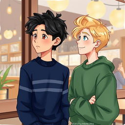 A scene of a café from the outside, showcasing two young boys prominently in the foreground