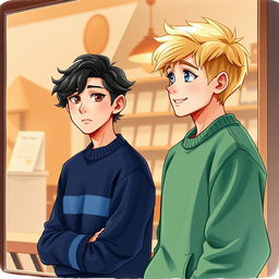 A scene of a café from the outside, showcasing two young boys prominently in the foreground