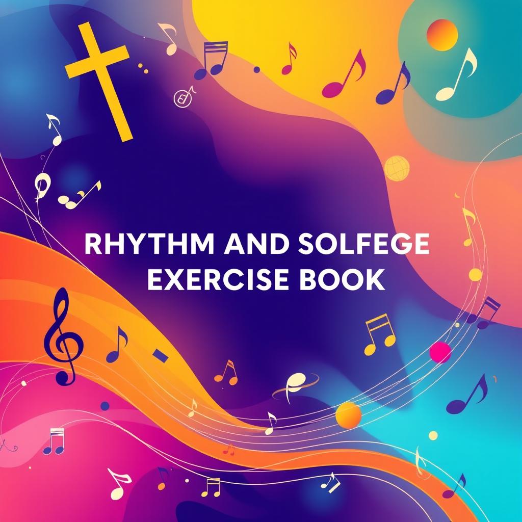 Create a book cover for a rhythm and solfège exercise book, incorporating various musical symbols such as notes, accents, and clefs, enriched with a deep Christian theme