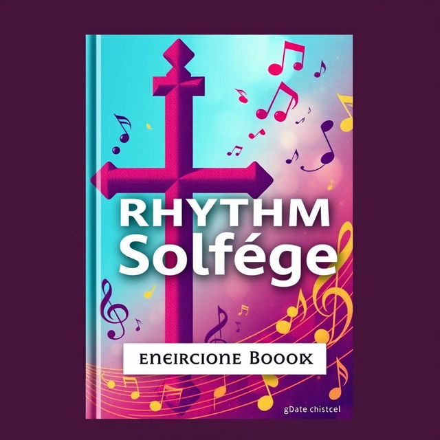 Create a book cover for a rhythm and solfège exercise book, incorporating various musical symbols such as notes, accents, and clefs, enriched with a deep Christian theme