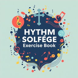 Create a book cover for a rhythm and solfège exercise book, incorporating various musical symbols such as notes, accents, and clefs, enriched with a deep Christian theme