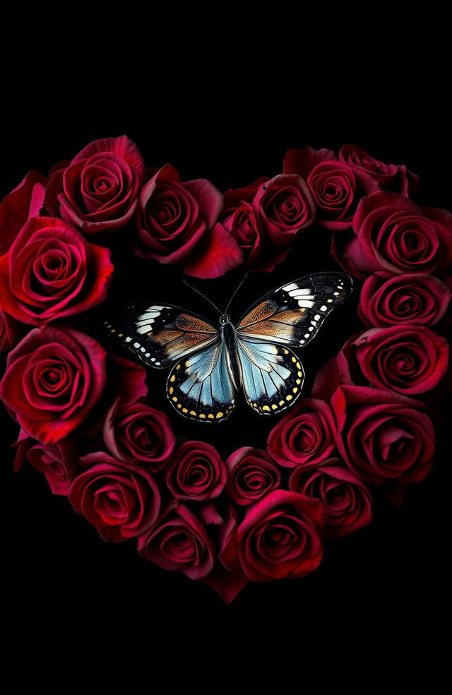 A striking image featuring a delicate butterfly nestled within a heart made of black roses