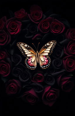 A striking image featuring a delicate butterfly nestled within a heart made of black roses