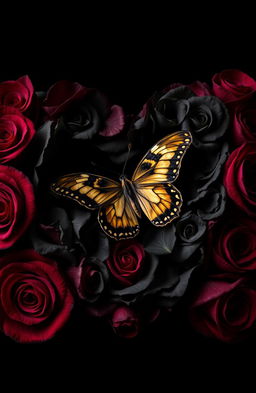 A striking image featuring a delicate butterfly nestled within a heart made of black roses