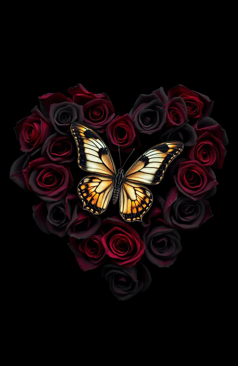 A striking image featuring a delicate butterfly nestled within a heart made of black roses