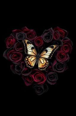 A striking image featuring a delicate butterfly nestled within a heart made of black roses
