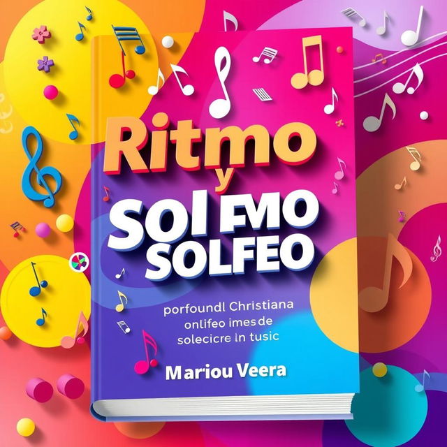 Create a book cover for a rhythm and solfège exercise book, incorporating various musical symbols such as notes, accents, and clefs, with a profound Christian theme
