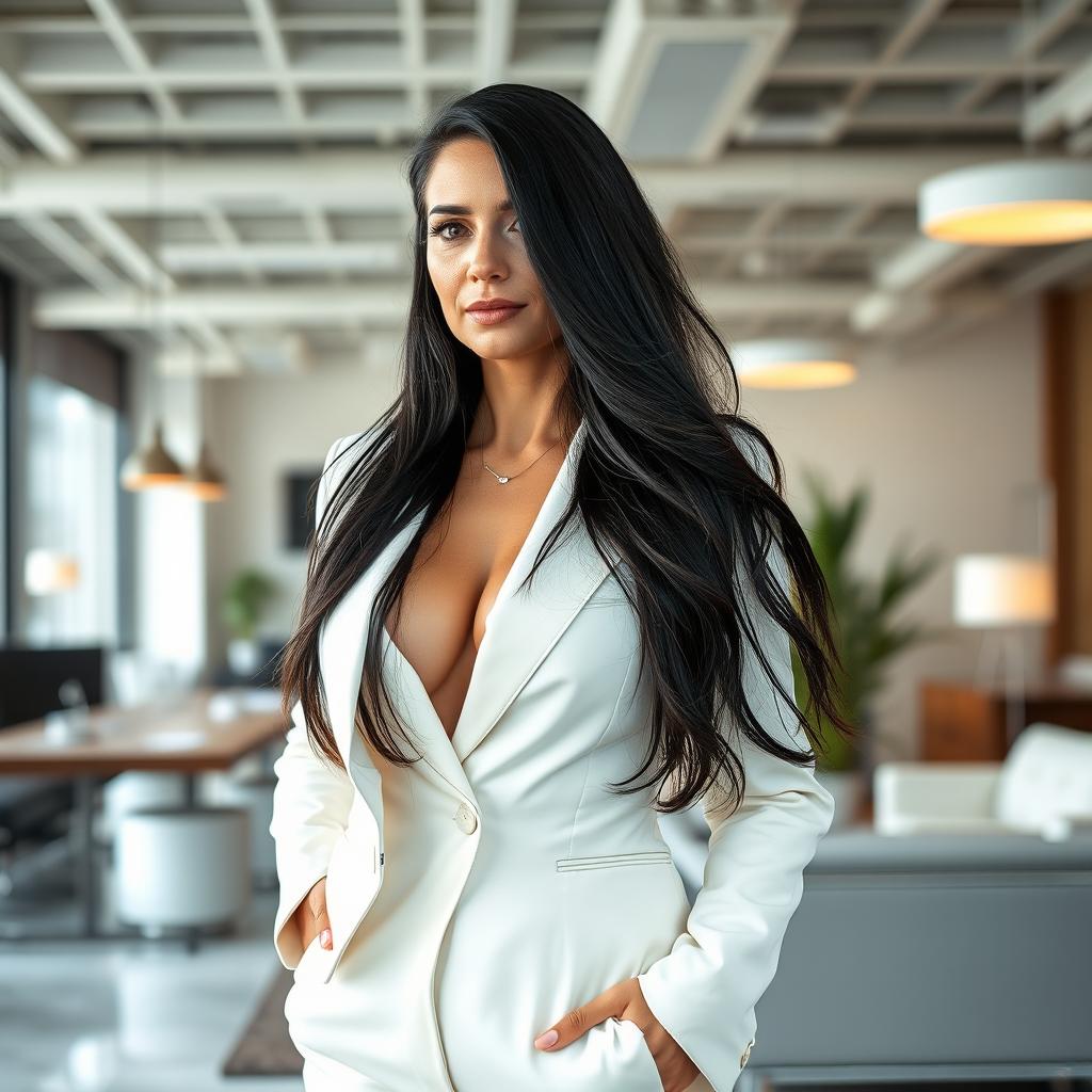 A sexy Russian female marketer aged 45-50 with long, flowing black hair styled in a chic and fashionable way
