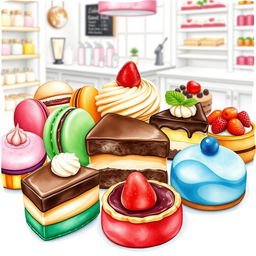 A beautifully arranged dessert display featuring an assortment of delectable sweets, including colorful macarons, rich chocolate cakes, creamy pastries, and vibrant fruit tarts