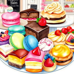 A beautifully arranged dessert display featuring an assortment of delectable sweets, including colorful macarons, rich chocolate cakes, creamy pastries, and vibrant fruit tarts