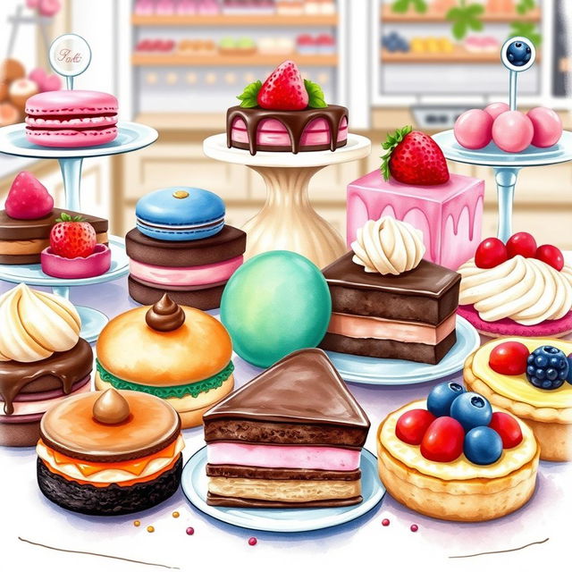 A beautifully arranged dessert display featuring an assortment of delectable sweets, including colorful macarons, rich chocolate cakes, creamy pastries, and vibrant fruit tarts