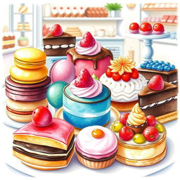 A beautifully arranged dessert display featuring an assortment of delectable sweets, including colorful macarons, rich chocolate cakes, creamy pastries, and vibrant fruit tarts
