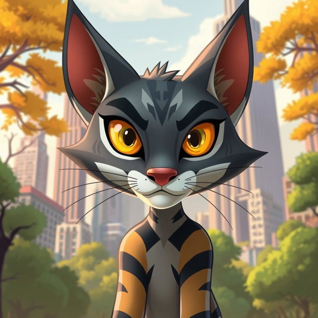A wild cat character inspired by the style of Beastars, showcasing anthropomorphic features like expressive eyes and a sleek body