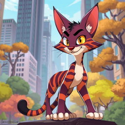 A wild cat character inspired by the style of Beastars, showcasing anthropomorphic features like expressive eyes and a sleek body