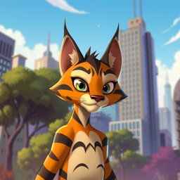 A wild cat character inspired by the style of Beastars, showcasing anthropomorphic features like expressive eyes and a sleek body