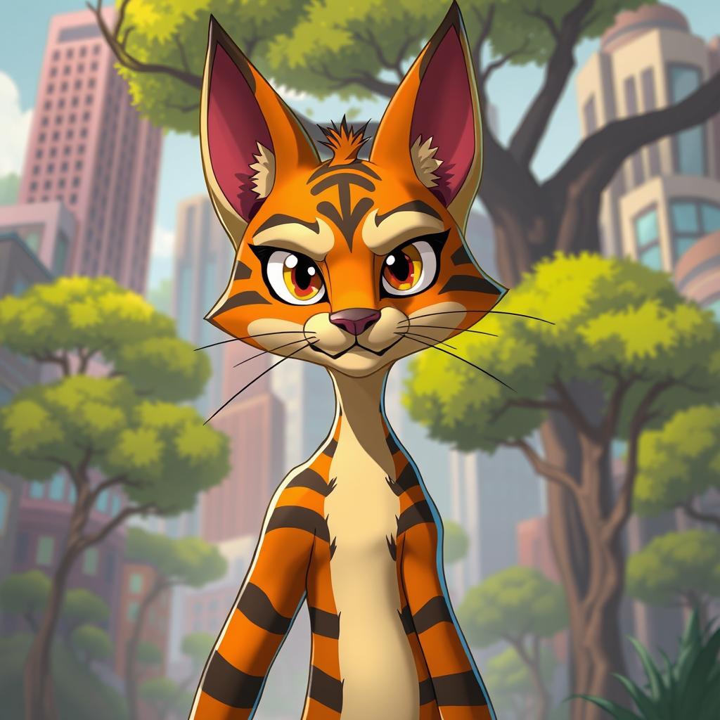A wild cat character inspired by the style of Beastars, showcasing anthropomorphic features like expressive eyes and a sleek body