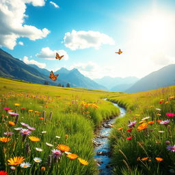 A serene, dreamy landscape featuring a lush green meadow with colorful wildflowers in full bloom