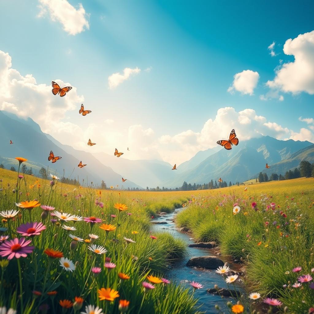 A serene, dreamy landscape featuring a lush green meadow with colorful wildflowers in full bloom