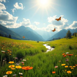 A serene, dreamy landscape featuring a lush green meadow with colorful wildflowers in full bloom