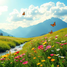 A serene, dreamy landscape featuring a lush green meadow with colorful wildflowers in full bloom