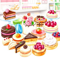 A beautifully arranged dessert display featuring an assortment of delectable sweets, including colorful macarons, rich chocolate cakes, creamy pastries, and vibrant fruit tarts