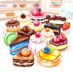 A beautifully arranged dessert display featuring an assortment of delectable sweets, including colorful macarons, rich chocolate cakes, creamy pastries, and vibrant fruit tarts