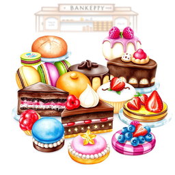 A beautifully arranged dessert display featuring an assortment of delectable sweets, including colorful macarons, rich chocolate cakes, creamy pastries, and vibrant fruit tarts