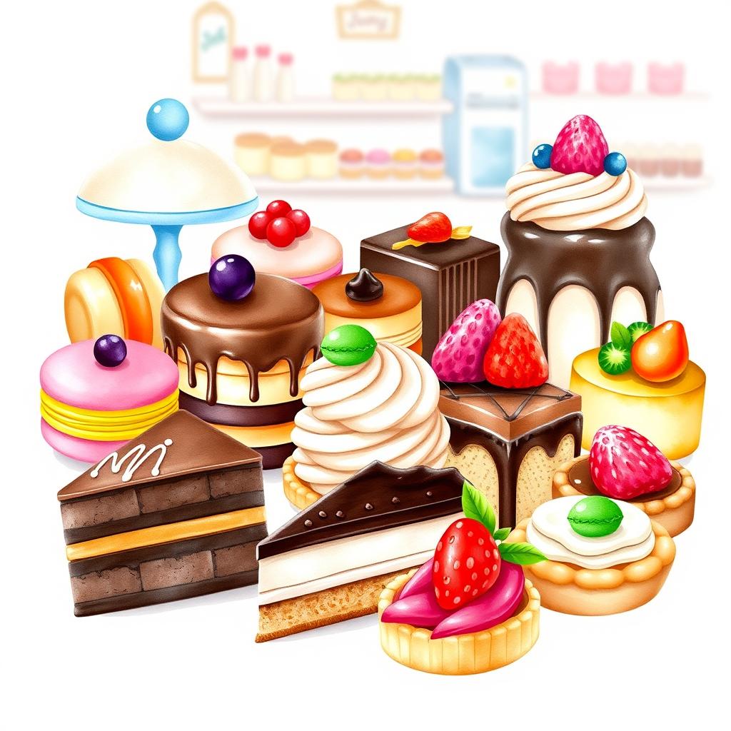A beautifully arranged dessert display featuring an assortment of delectable sweets, including colorful macarons, rich chocolate cakes, creamy pastries, and vibrant fruit tarts