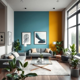 A modern interior scene featuring a stylish living room with a wall painted in a trendy color, like teal or mustard yellow