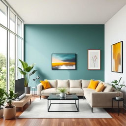 A modern interior scene featuring a stylish living room with a wall painted in a trendy color, like teal or mustard yellow