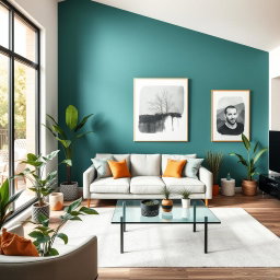 A modern interior scene featuring a stylish living room with a wall painted in a trendy color, like teal or mustard yellow