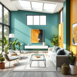 A modern interior scene featuring a stylish living room with a wall painted in a trendy color, like teal or mustard yellow