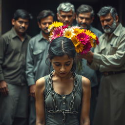 A poignant scene depicting a young woman who appears oppressed, shackled and vulnerable
