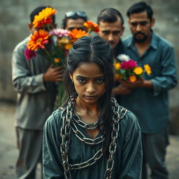 A poignant scene depicting a young woman who appears oppressed, shackled and vulnerable