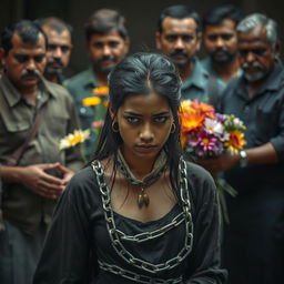 A poignant scene depicting a young woman who appears oppressed, shackled and vulnerable