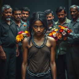 A poignant scene depicting a young woman who appears oppressed, shackled and vulnerable