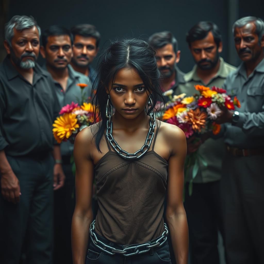 A poignant scene depicting a young woman who appears oppressed, shackled and vulnerable