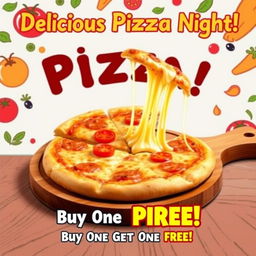A vibrant and eye-catching advertisement poster showcasing a delicious slice of pizza, with gooey cheese stretching as it's pulled apart