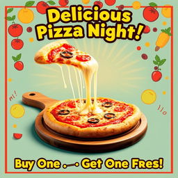 A vibrant and eye-catching advertisement poster showcasing a delicious slice of pizza, with gooey cheese stretching as it's pulled apart