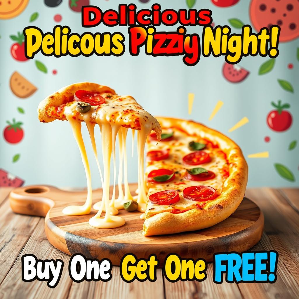 A vibrant and eye-catching advertisement poster showcasing a delicious slice of pizza, with gooey cheese stretching as it's pulled apart