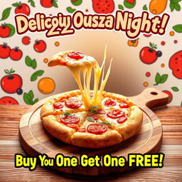 A vibrant and eye-catching advertisement poster showcasing a delicious slice of pizza, with gooey cheese stretching as it's pulled apart