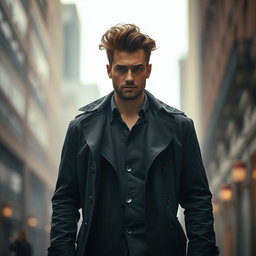 A tall man standing confidently, wearing a dark trench coat that flows elegantly with the wind