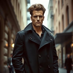 A tall man standing confidently, wearing a dark trench coat that flows elegantly with the wind