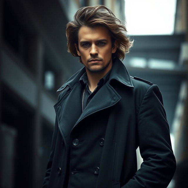 A tall man standing confidently, wearing a dark trench coat that flows elegantly with the wind