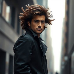 A tall man standing confidently, wearing a dark trench coat that flows elegantly with the wind