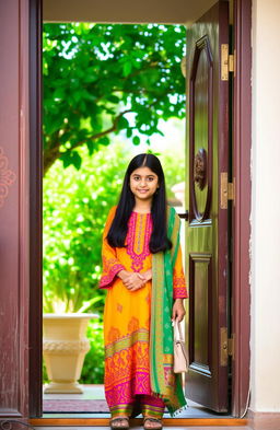 A Pakistani girl standing at the front door of her house, dressed in traditional attire, with vibrant colors and intricate patterns