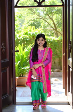 A Pakistani girl standing at the front door of her house, dressed in traditional attire, with vibrant colors and intricate patterns