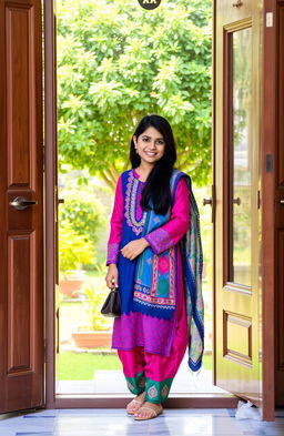 A Pakistani girl standing at the front door of her house, dressed in traditional attire, with vibrant colors and intricate patterns